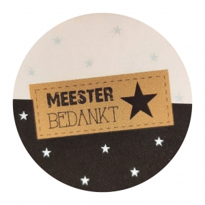 Sticker 4 cm met tekst ''Meester Bedankt ''.zwart wit blauwe ster.